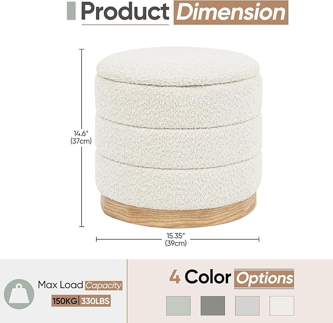 Round Storage Ottoman with Reversible Tray Lid, Folding Chenille Fabric