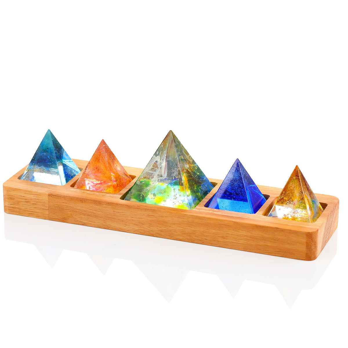 Ornalrist 5 Chakra Natural Healing Pyramid with Wooden LED Light Base Crystal Quartz Pyramid for Meditation, Positive Energy, Sleep, Spiritua Night Light Home Decor