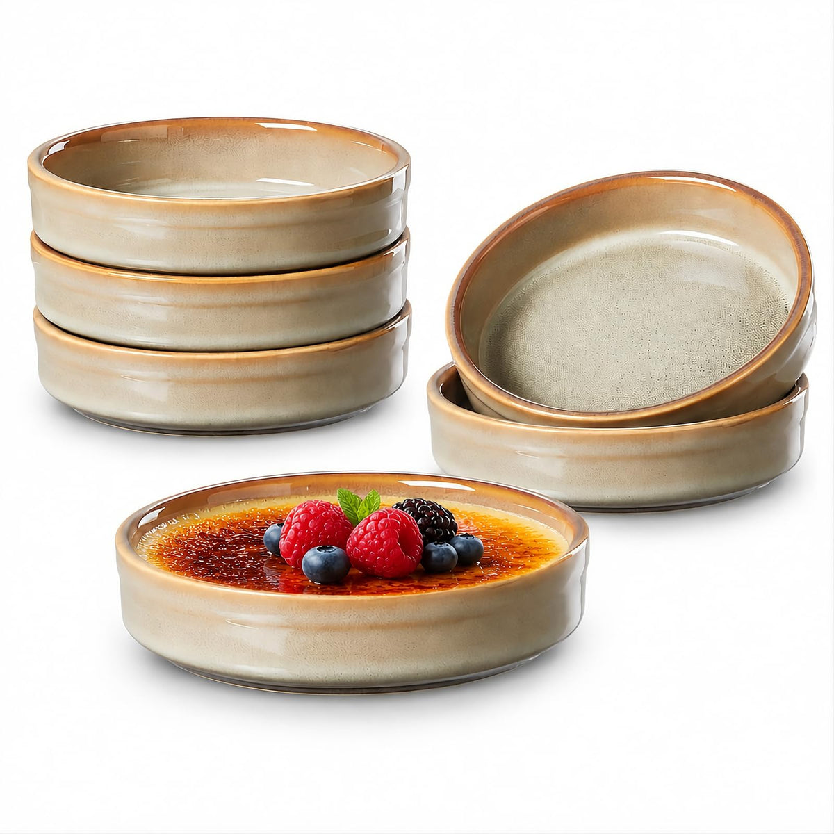 ONEMORE Ramekins Oven Safe Set of 6, 4 oz Creme Brulee Ramekins, Ceramic Ramekin Bowls for Souffle, Custard, Dipping Sauce, Dessert, Microwave Dishwasher Freezer Safe, 4.5 Inch - Beige