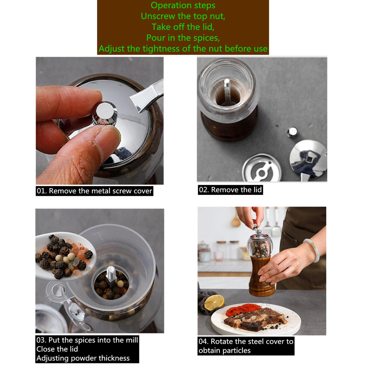 VEIZIBEE Pepper Mill Set Manual Pepper Mills Classical Hand Shake Wooden Pepper Grinder Set Salt Mills Wooden Pepper Mill Ceramic Blades Metal Handle, Enjoy Fresh Ground Pepper (Walnut color 2pcs-5in)