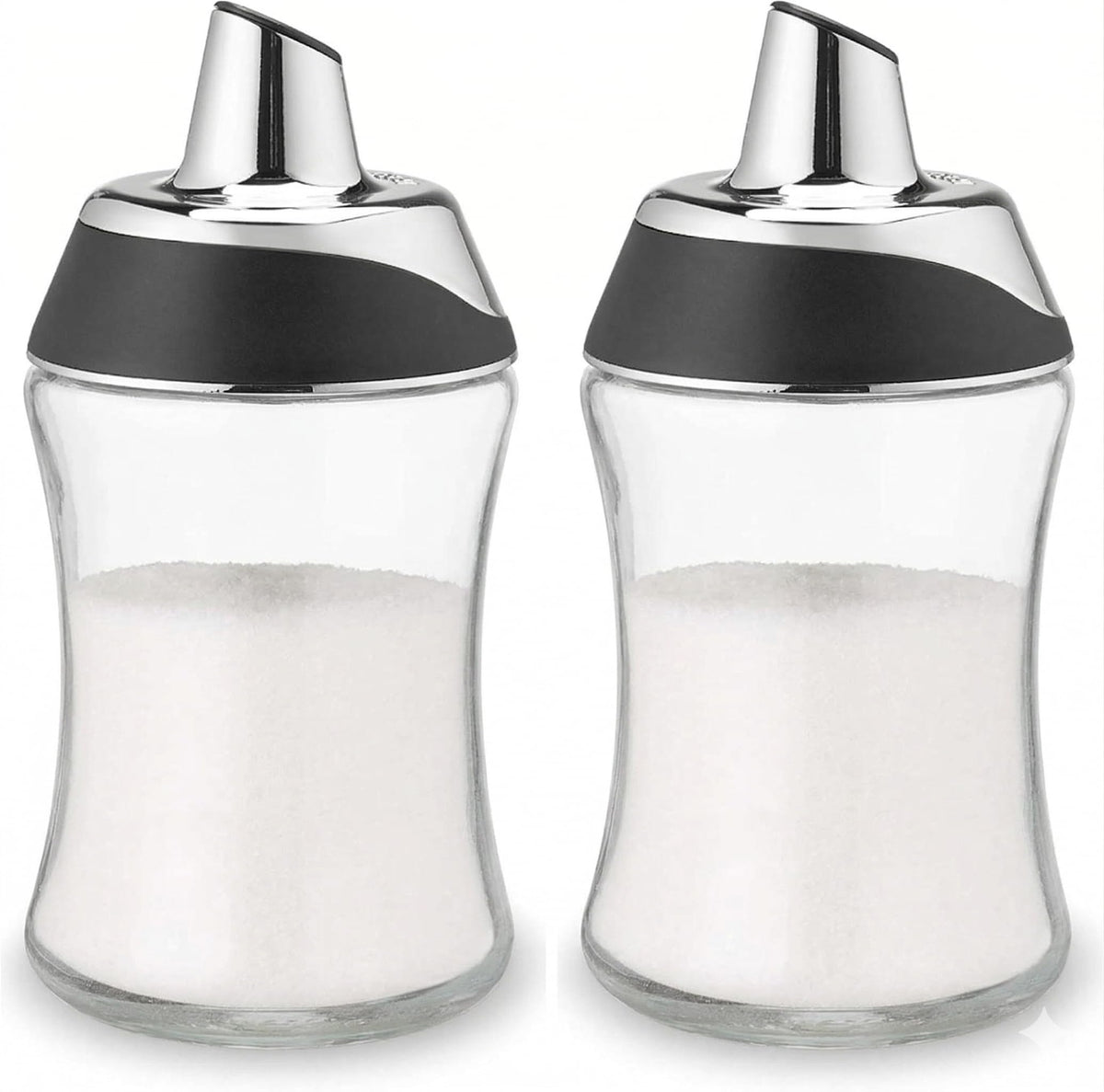 J&M Design 2-Pack Glass Sugar Dispenser & Shaker for Coffee, Cereal, Tea & Baking with Pour Spout and Lid for Easy Spoon Measuring Pouring - 7.5oz Jar Container - Coffee Bar Accessories & Essentials