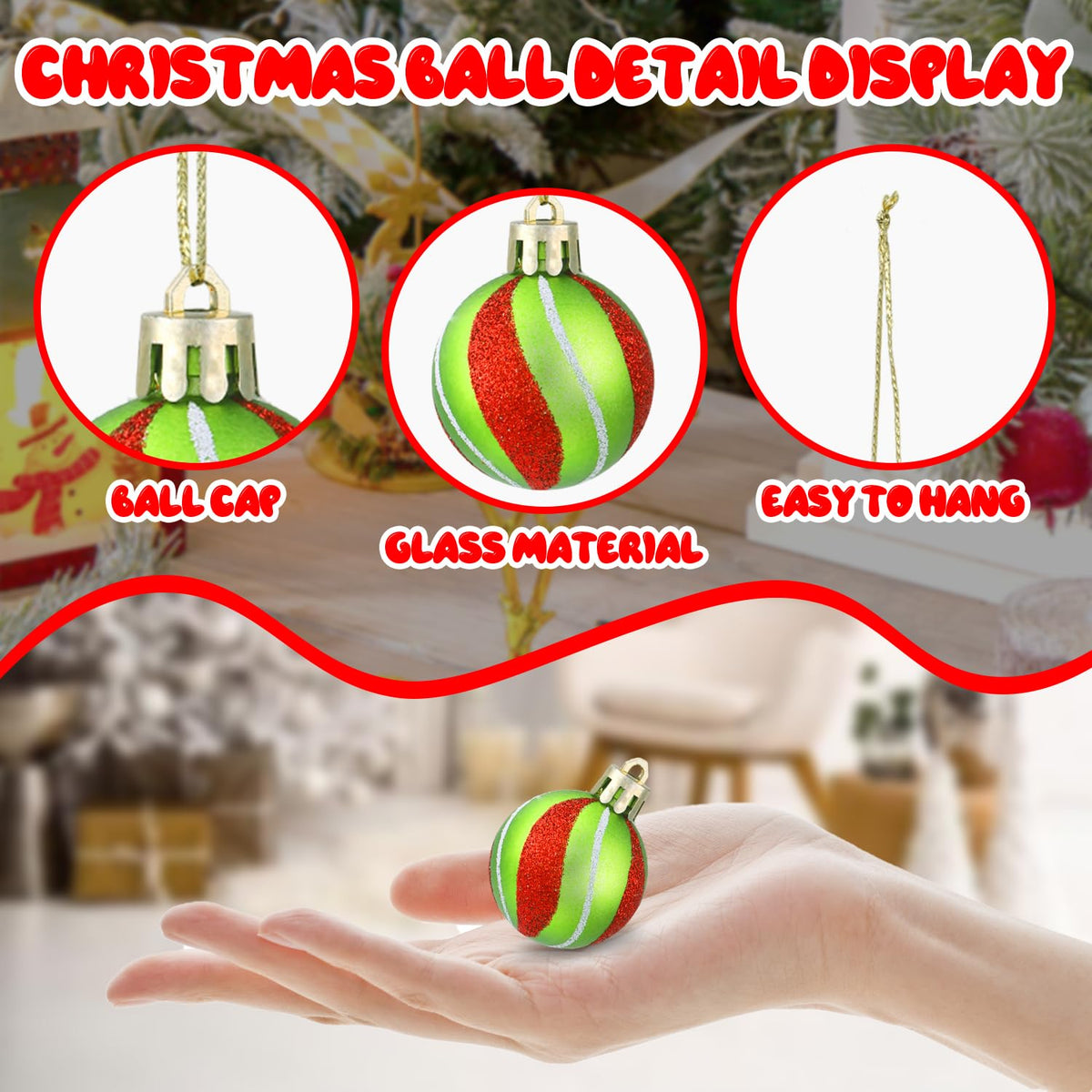 Celltestria 36pcs Mini Christmas Balls Ornament 1.57 Inch Red Green Glittering Little Xmas Balls for Tree Decoration Swirl Candy Cane Tiny Christmas Baubles for Home Indoor Holiday Party Decor