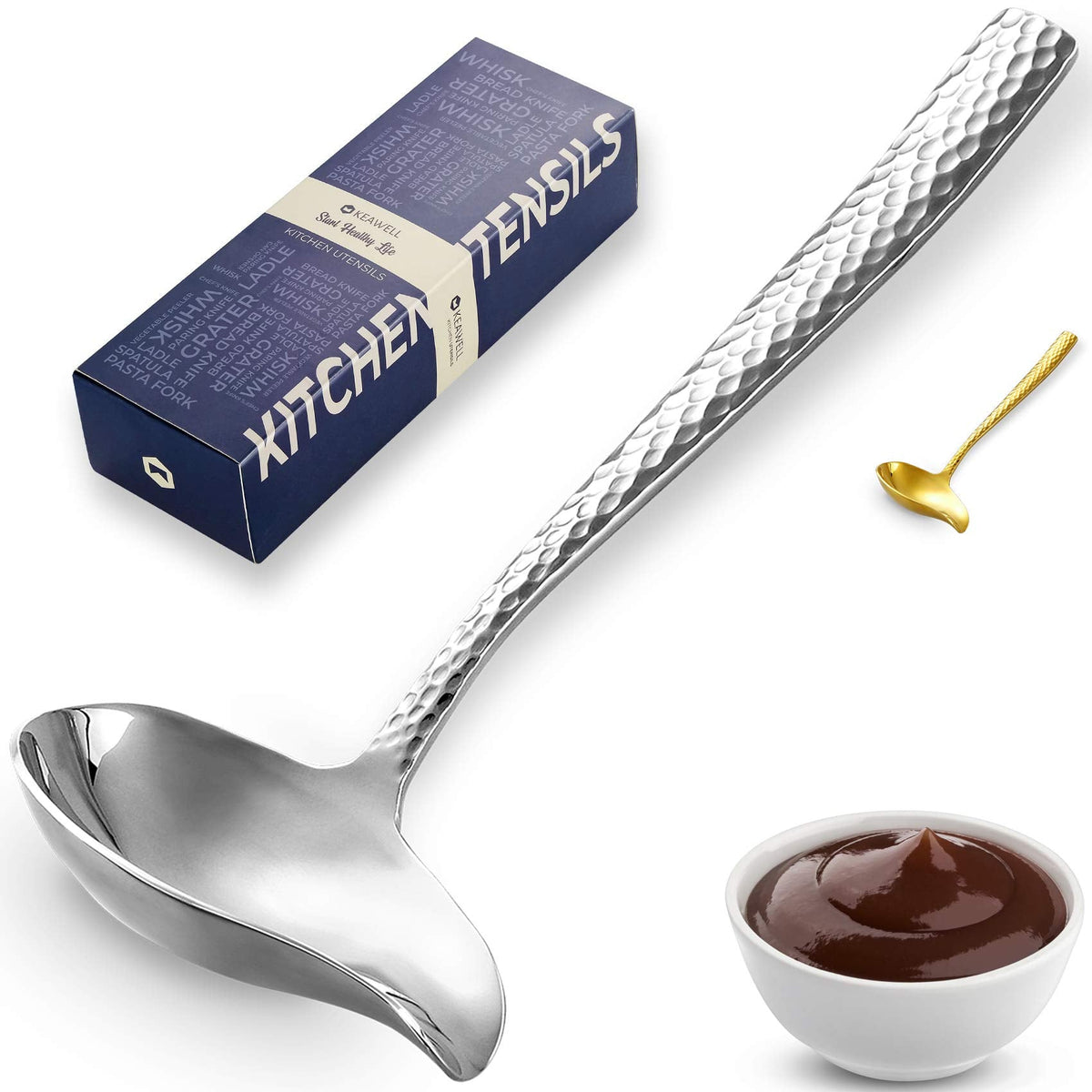 KEAWELL Louis Hammered 18/10 Stainless Steel Sauce Ladle With Pouring Spout, Great small sauce spoon for gravies and dressings, 7.4 Inch, Dishwasher Safe (1)