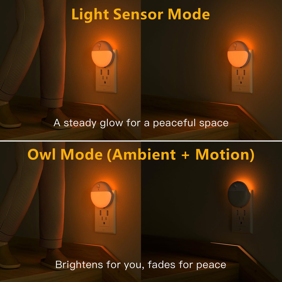 YUNLEX 2 Pack Plug in Sleep Night Light with Motion Sensor and Dusk to Dawn Sensor, 3 Modes, Soft Glow, Stepless Dimming, LED Lights for Bedroom, Sleep, Baby Nursery, Kids, Toddler, Home Decor (Amber)