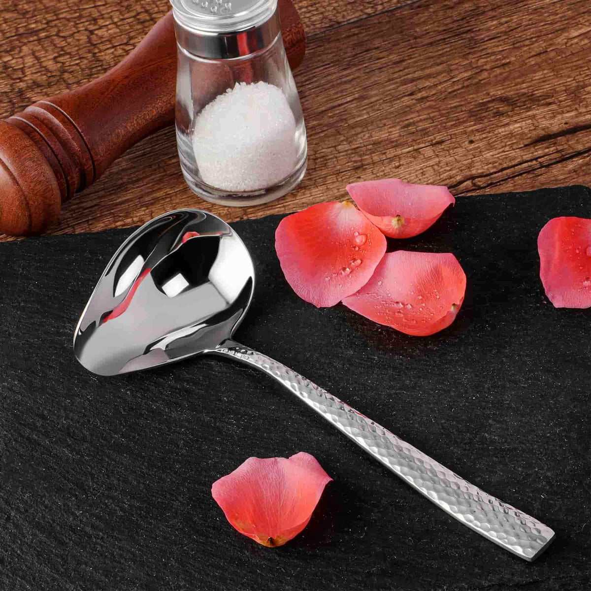 KEAWELL Louis Hammered 18/10 Stainless Steel Sauce Ladle With Pouring Spout, Great small sauce spoon for gravies and dressings, 7.4 Inch, Dishwasher Safe (1)
