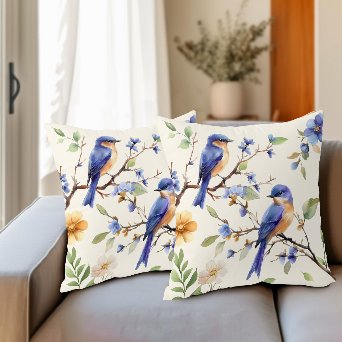 Spring Summer Pillow Covers 24x24 Inch Set of 2 Blue Floral Bird Decorative Outdoor Throw Pillows Yellow Green Flower Pillowcases Cotton Linen Cushion Cover for Sofa Bed Couch Home Decor