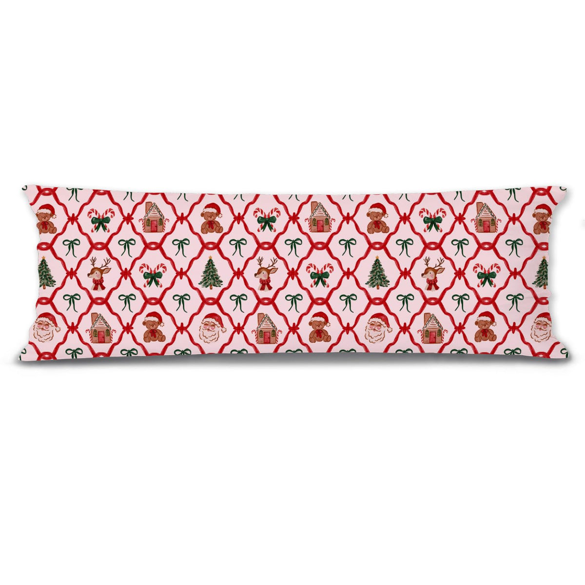 Mancheng-zi Red and Green Christmas Bow Trellis 20x54 Body Pillow Cover Pillowcase with Zipper, Coquette Christmas Decor, Retro Xmas Santa Reindeer Decorative Long Hug Pillow Cases for Bed Couch