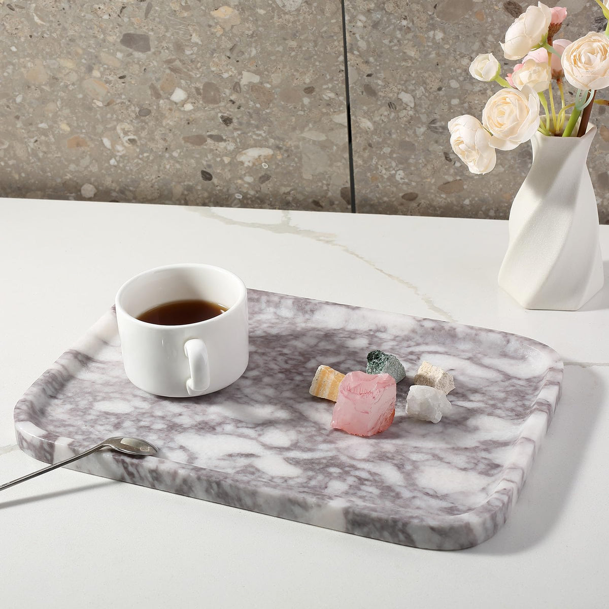 Karibiber Luxury Marble Vanity Tray, Bathroom Tray Countertop, Calacatta Marble/Stone, Home Decorative Dresser Organizer, Storage for Kitchen Sink, Perfume Jewelry Holder(Purple&White)