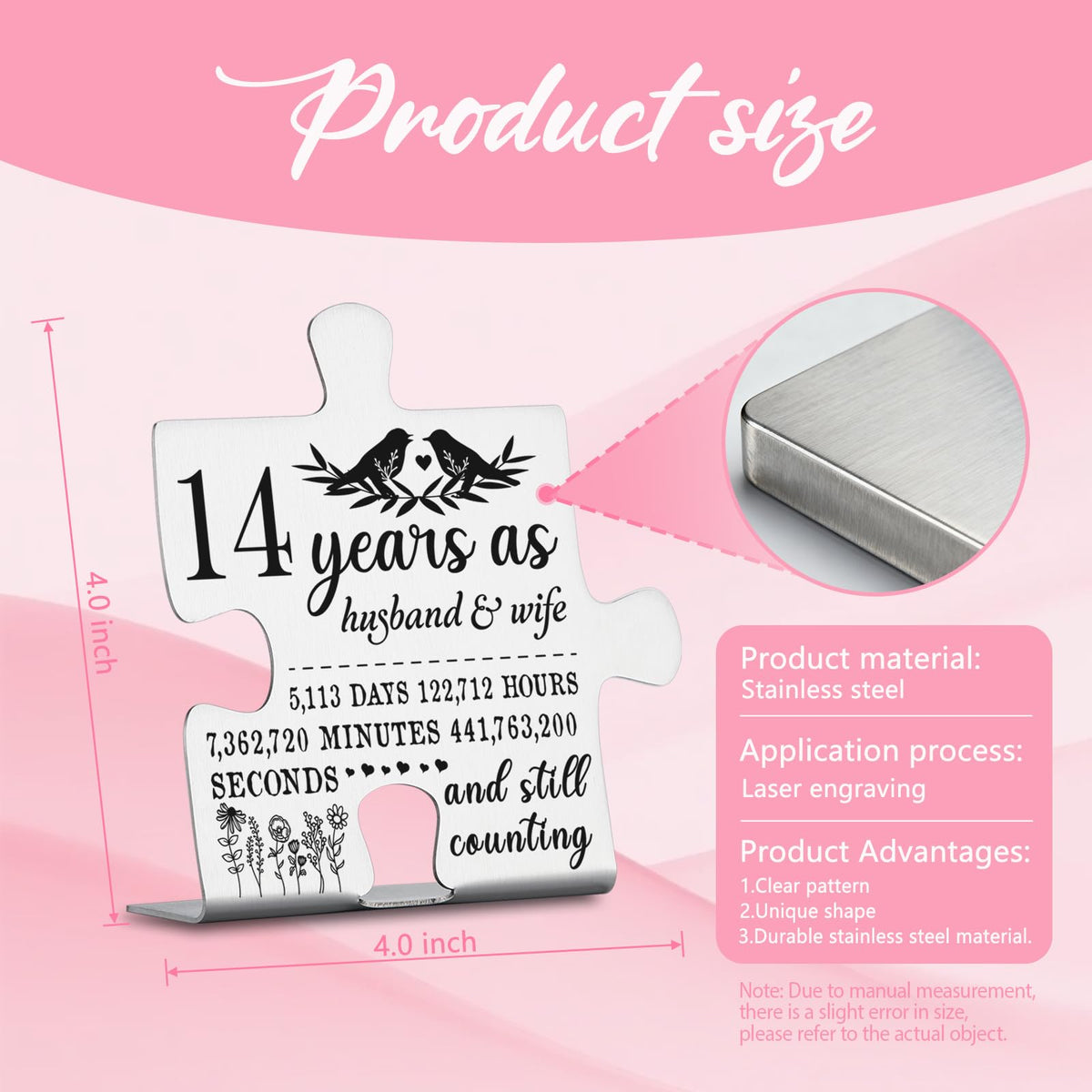 14 Years Anniversary Plaque Gift for Husband Wife, 14th Marriage Gift for Couple Ornament Decor Stainless Steel Puzzle Piece Decorative Signs Plaques YPP6