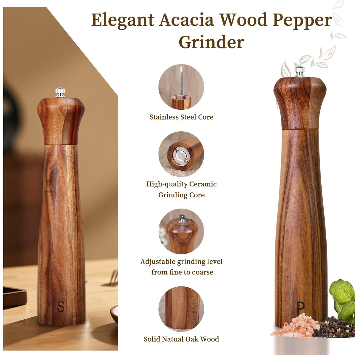 Haomacro 2 Pack 10 Inch Acacia Wooden Salt and Pepper Grinder Set, Manual Salt and Pepper Mills, Salt Grinder Refillable with Adjustable Coarseness, Ceramic/Stainless Steel Core Tableware Gifts