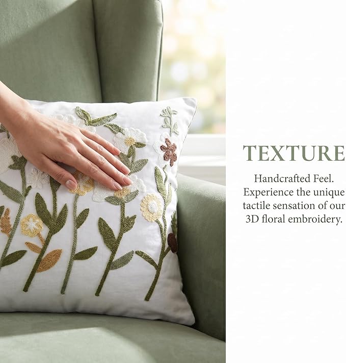 Neutral Floral Embroidered Throw Pillow Covers 20x20 Inch White Daisy Camel