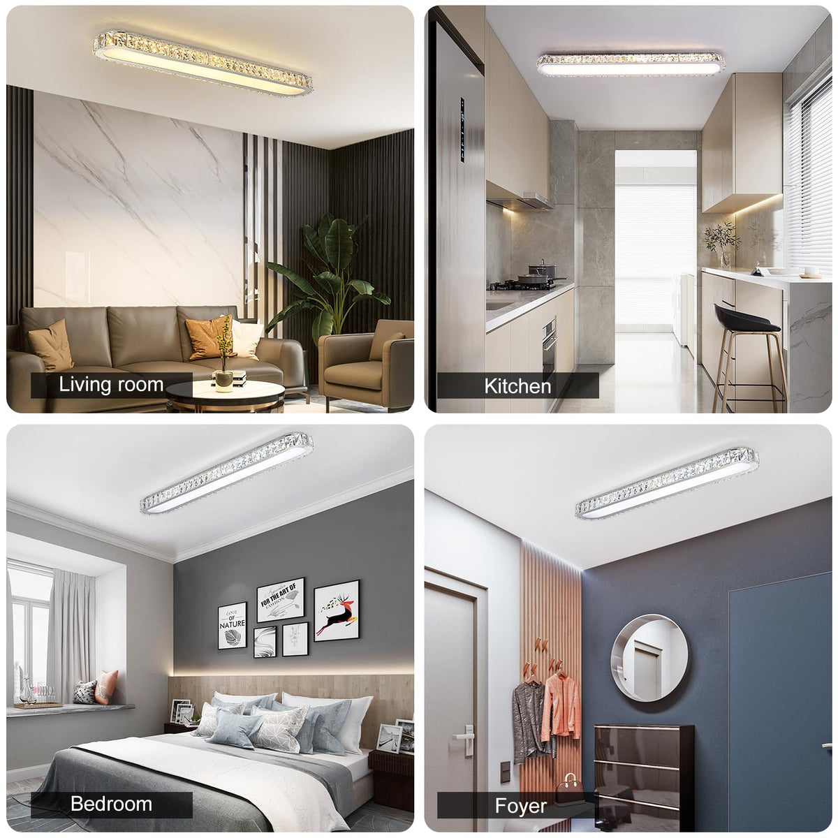 Qcyuui Dimmable LED Ceiling Light 39.4'' Kitchen Lighting Fixtures Ceiling Modern Luxury Crystal Ceiling Light with Remote Chrome Long Ceiling Light Fixture for Kitchen Dining Room Hallway,48W