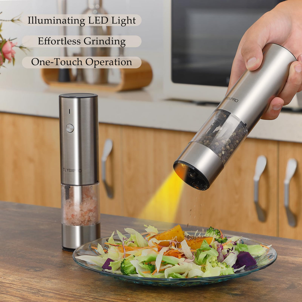 Electric Salt and Pepper Grinder, USB Rechargeable, Automatic Salt and Pepper Shaker, Adjustable Coarseness, Electric Pepper Mill, LED Light, Refillable, Kitchen Gadget (1-Pack, Stainless Steel)