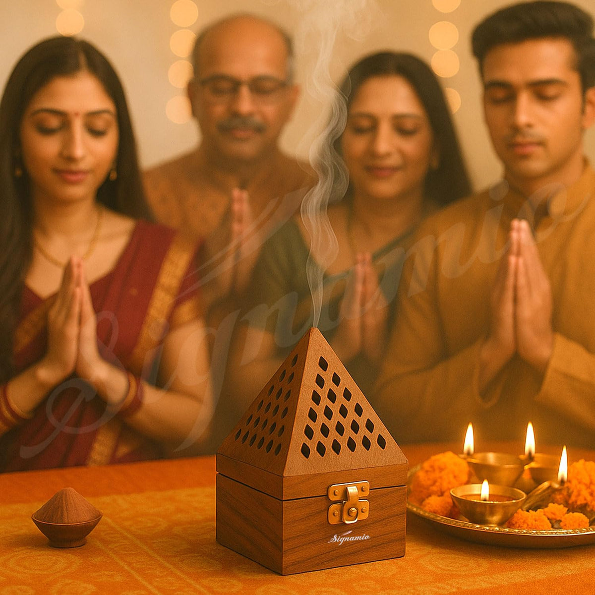SIGNAMIO® 3 Pcs Premium Wooden Sambrani Dhoop & Incense Stick Agarbatti Holder Set: Agarbatti Stand with Ash Catcher, Pooja Room Decoration Essential, Pooja Thali Accessories, and Mandir Decor Items