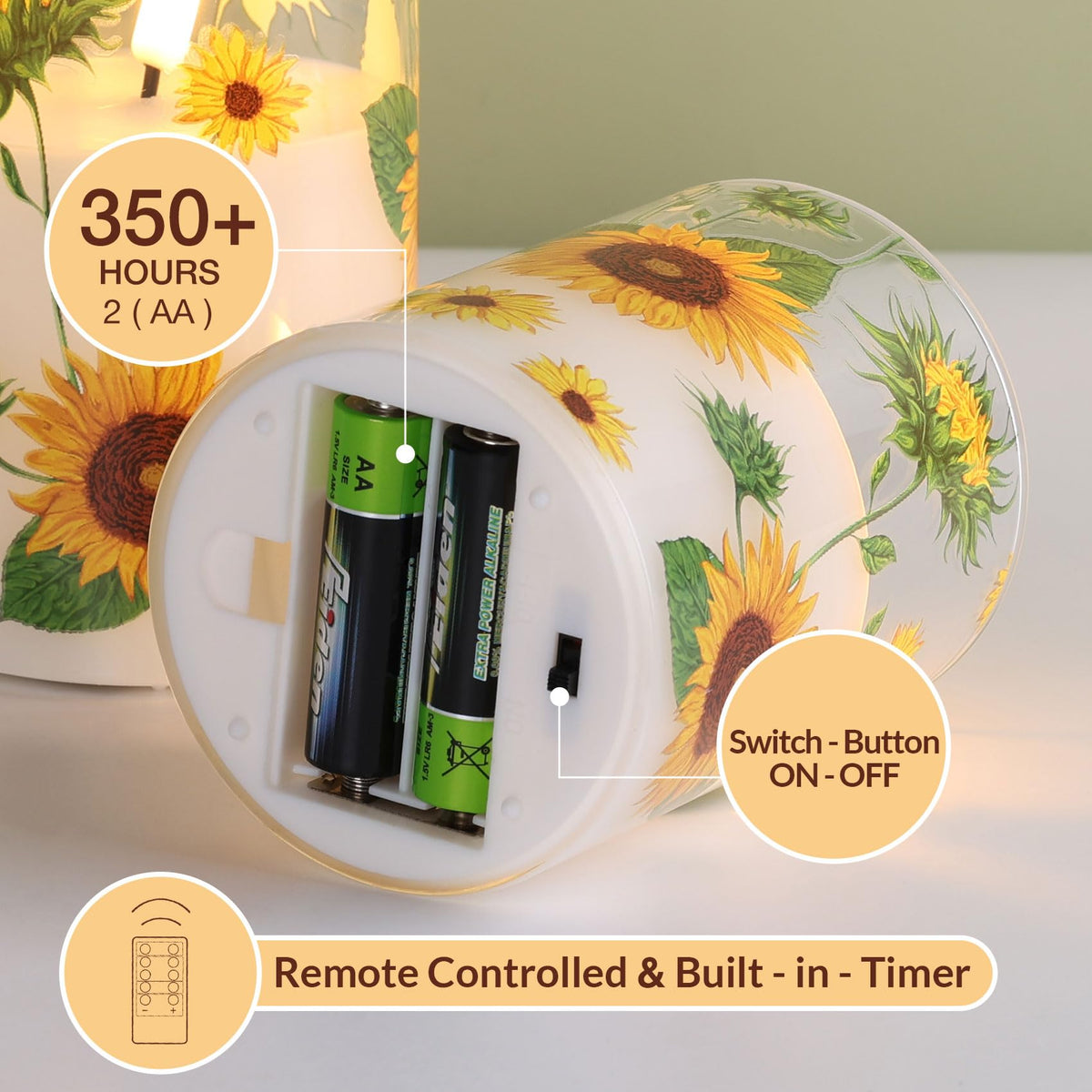 Girimax Sunflower Glass Flameless Pillar Candles with Remote, Flickering LED Battery Candles Summer Home Decor Set of 3