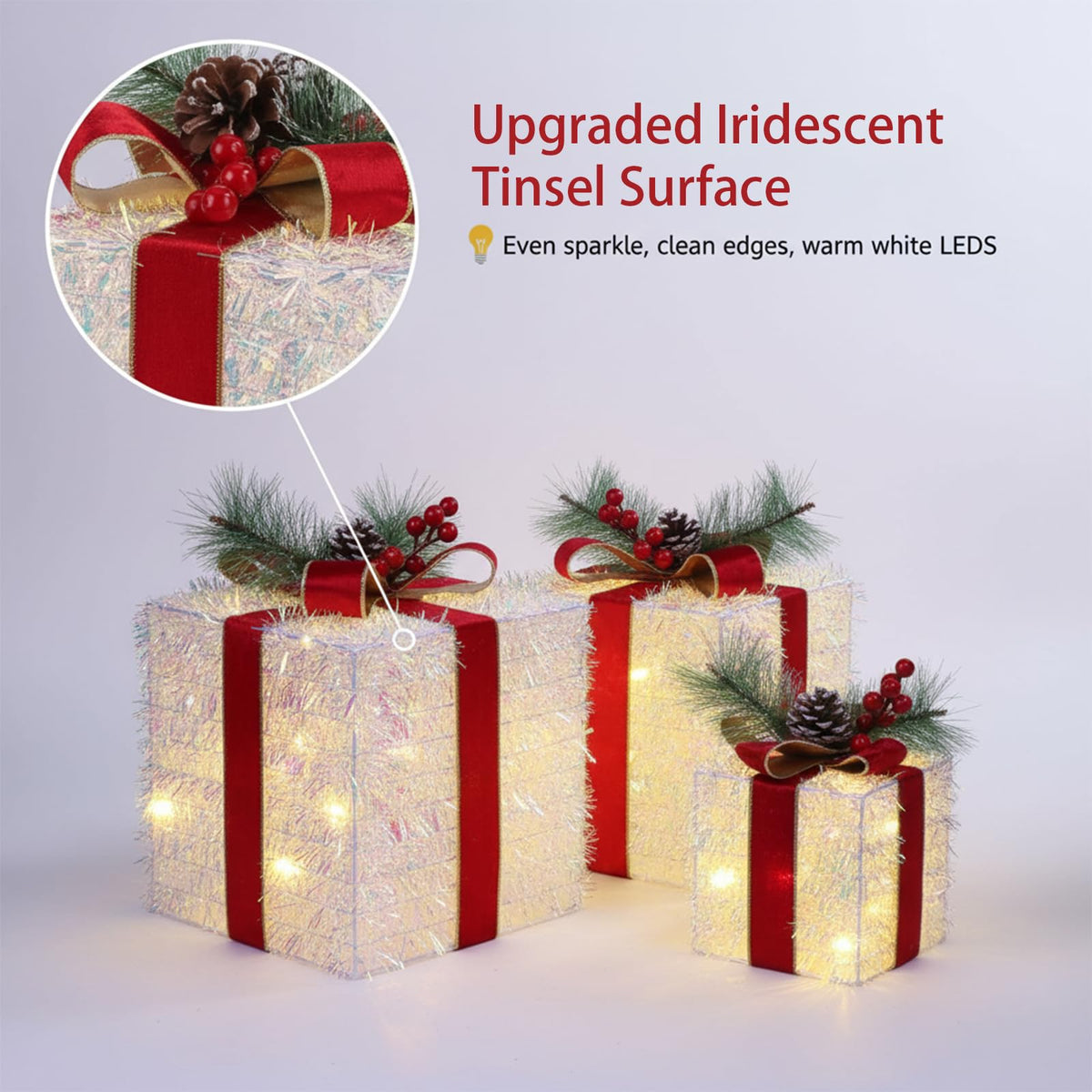 Fulong's Opulent Christmas Lighted Gift Boxes Decor Set of Three Pre-lit LED Presents | Warm White Garden, Porch, Room Decor & Tree Skirt Ornaments | Indoor 60 Lights Set