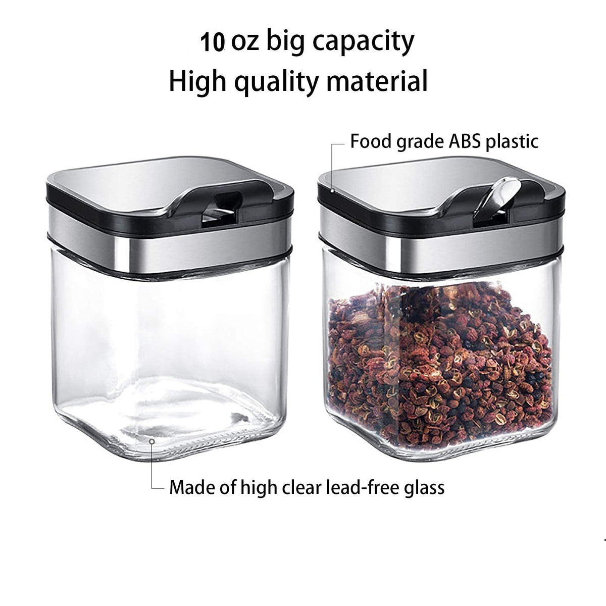 SvaTao Condiment Jar Spice Container with 304 Stainless Steel Lids and Spoons,Clear Glass Condiment Canisters Pots Seasoning Box Salt Container Sugar Bowl Set of 2 for Kitchen, Counter, Food Storage