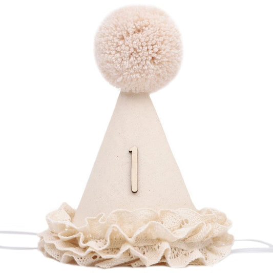 WAHAWU Lace 1st Birthday Hat - Sweet One Birthday Decorations,Lace Flower Princess Party Crown,Beige Cone Hat for Cake Smash,First Floral Party Headwear Photo Prop