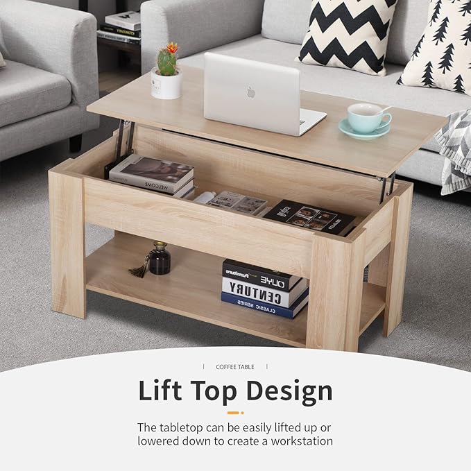 Lift Top Coffee Table with Lift Tabletop Hidden Compartment and Storage Shelf