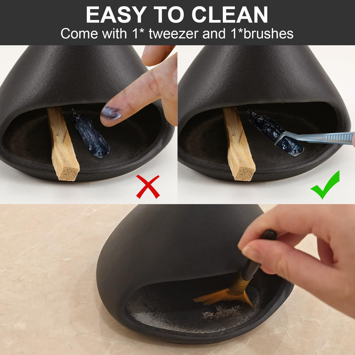 Yawlsow Palo Santo Holder Burner, Charcoal Bakhoor Incense Burner,Smudge Bowl,Sage Holder,Ash Catcher for Meditation Zen Decor (Black)