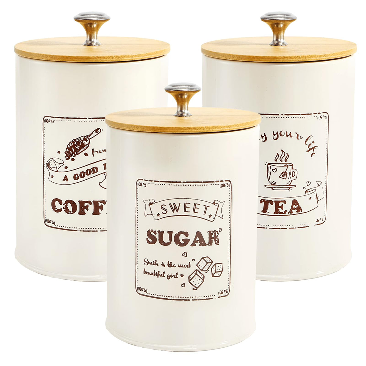 Youeon Metal Canisters Sets for the Kitchen, 40 Oz Coffee Sugar Tea Container Set, Farmhouse Style, Food Storage Containers with Lids for Countertop, Cabinet, Coffee Bar Decor, Beige