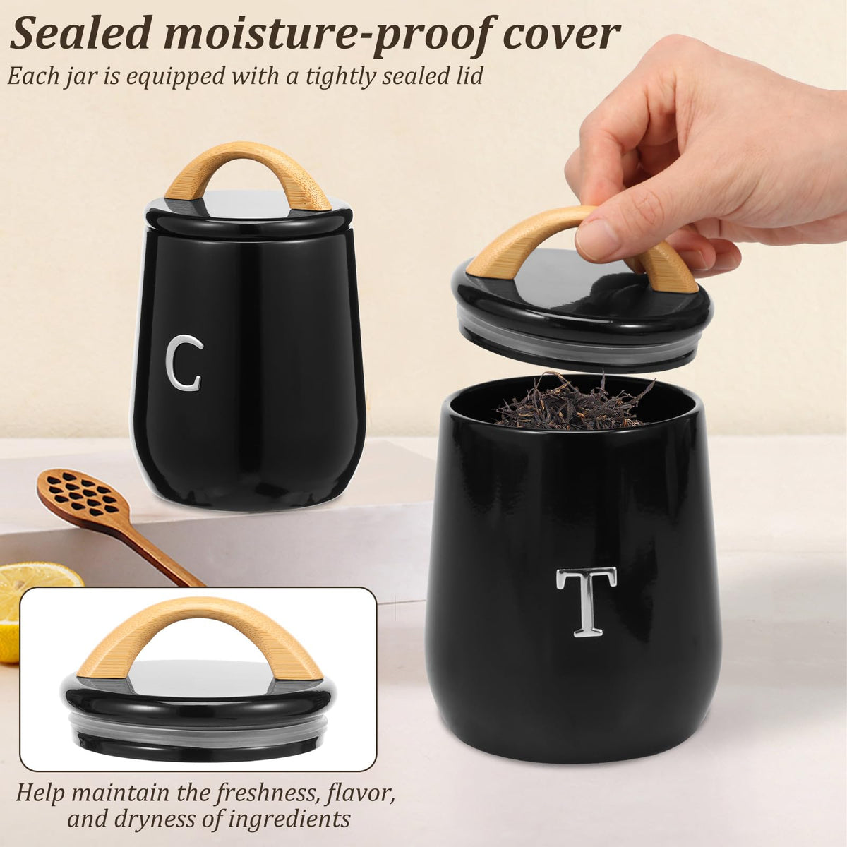 3Pcs Canisters Sets for Kitchen Countertop - Sugar and Coffee Container Set, Metal Moisture Proof Sealed Jar with Label, Kitchen Canisters for Coffee Beans, Tea, Sugar, Salt, Flour, Spices (Black)