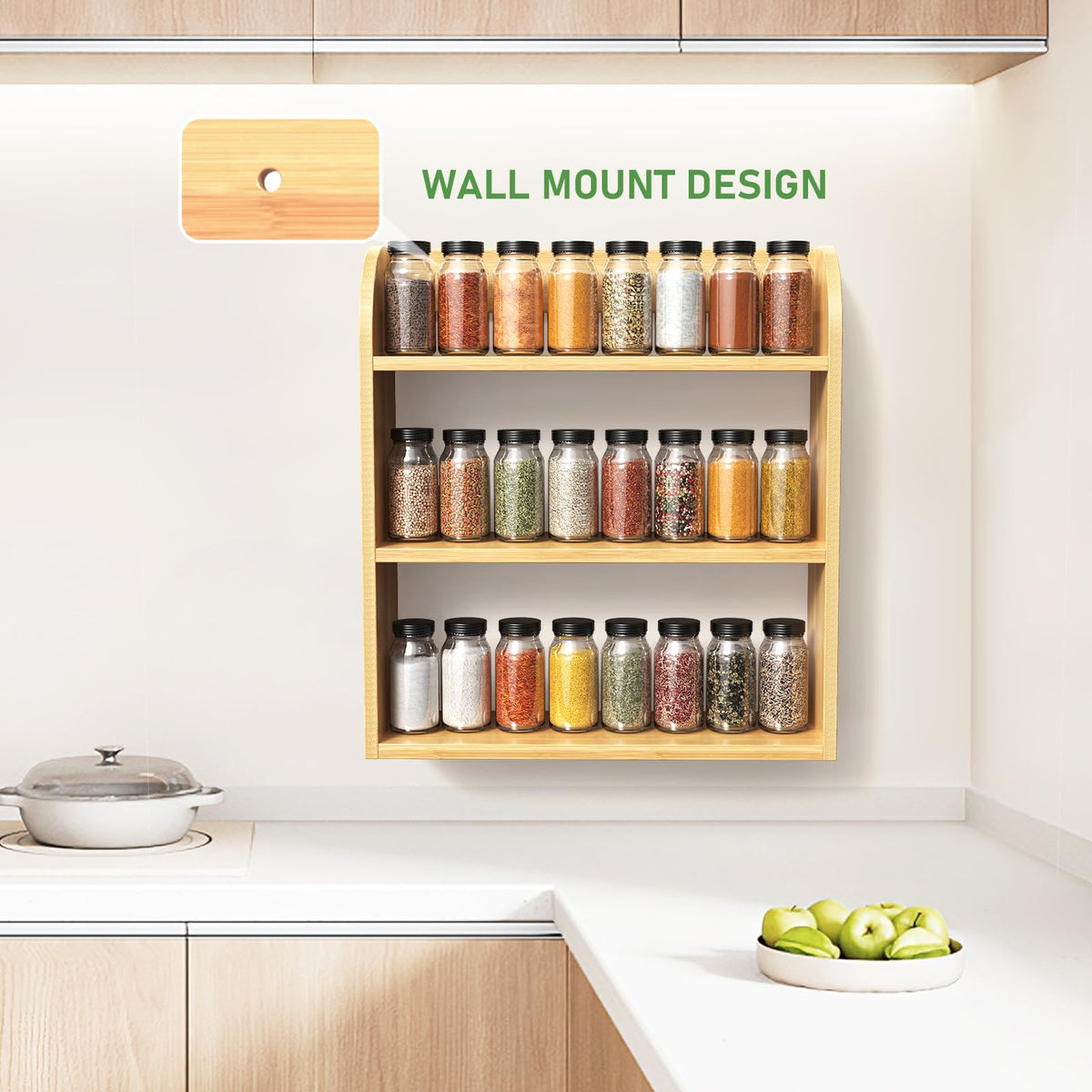 ROMGUAR CRAFT 3 Tier Bamboo Spice Rack, Countertop or Wall Mounting Wood Spice Jars Organizer Shelf for Kitche, Pantry (Natural)