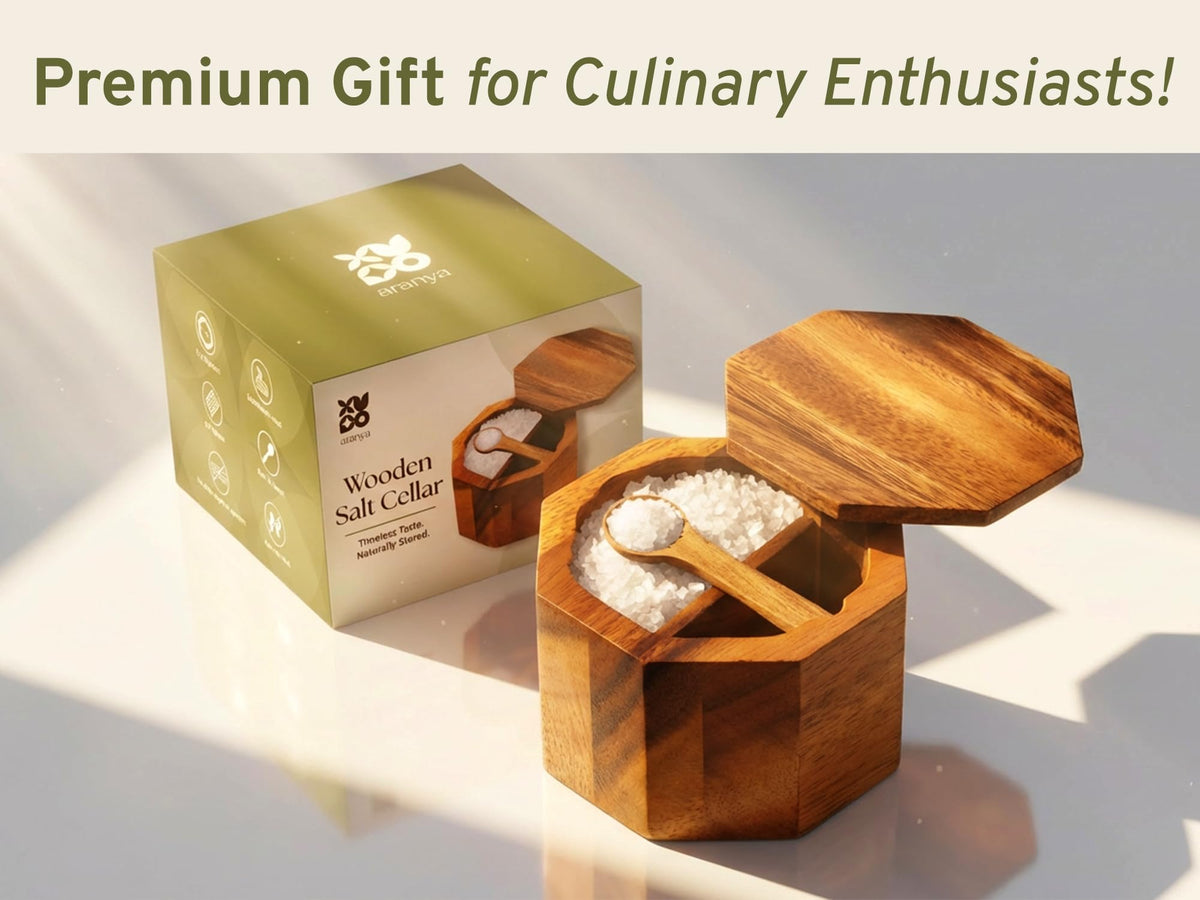 ARANYA Wooden Pepper and Salt Cellar with Lid and Spoon Set Keeper Two Compartments Spice Seasoning Wood 7oz. Container for Countertop Kitchen Storage Sea Salt Box Holder with Anti-Slip Feet Slip