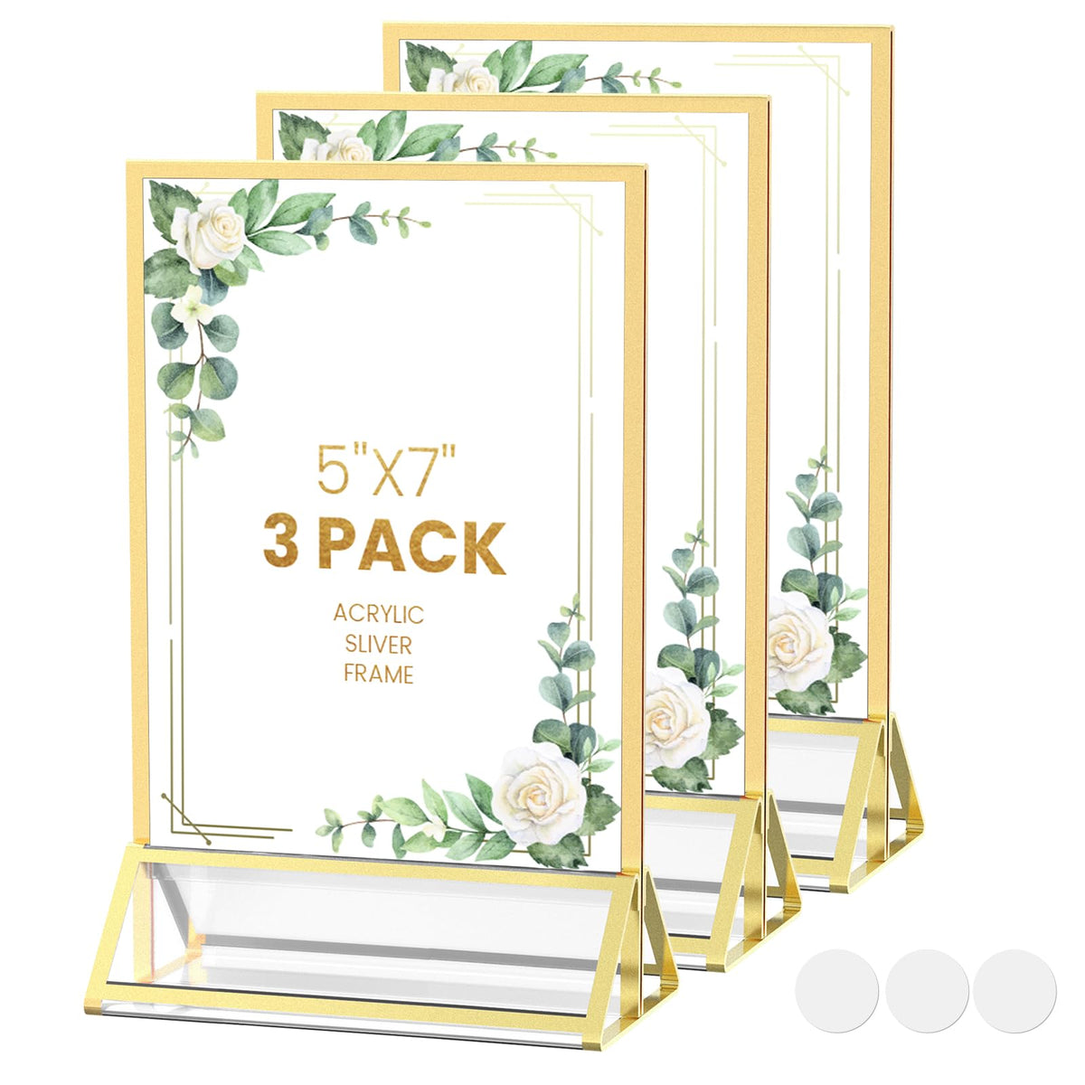 YOAEAILY Gold Frames 5X7 Acrylic Sign Holder Double-Sided Tabletop Picture Frames for Menu Holder Wedding Table Number Holder Christmas Photo Frames with Removable Sticky Dots-3 Pack