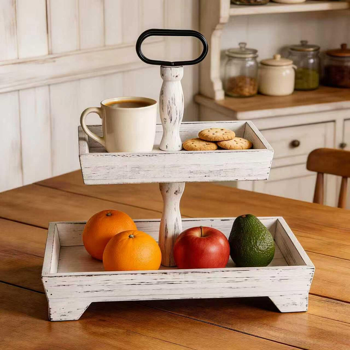 Eufrozy 2-Tier Farmhouse Tiered Tray Stand, Rustic White Wooden Decorative Serving Tray with Metal Handles, Rectangular Display Stand for 4th of July Decorations, Kitchen Table Housewarming Gifts
