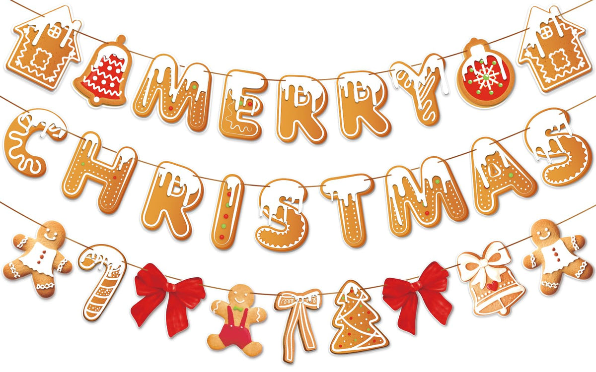 PAPER JAZZ Gingerbread Christmas Decoration Merry Christmas Banner,3 Pcs Gingerbread Christmas Garland,Xmas Backdrop Cute Hanging Decor for Wall, Tree, Door, Yard, Home, Office, Indoor Outdoor.