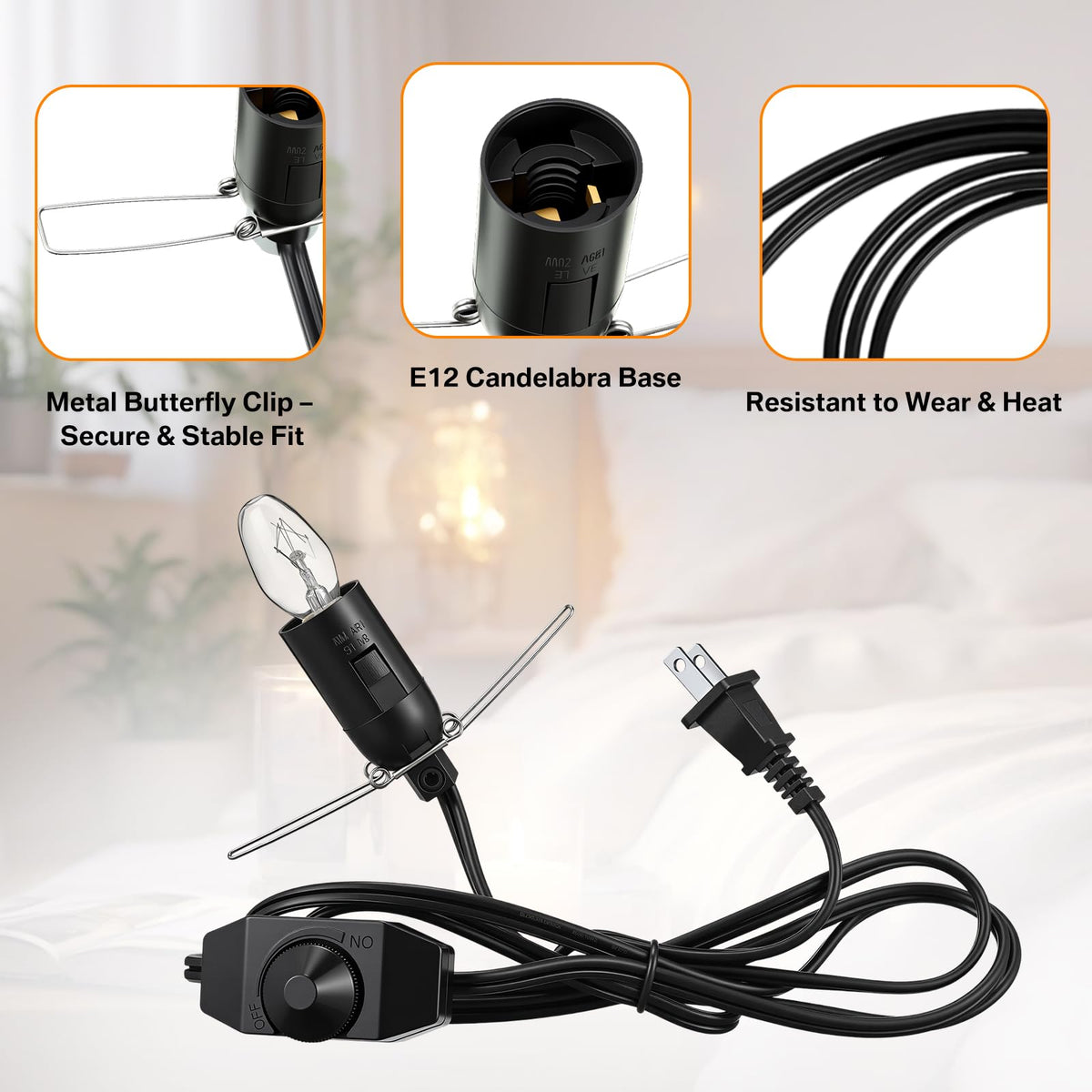 VIHOSE Salt Lamp Cord Replacement Set 4 Pack 5.9FT Power Cord with Dimmer Switch 12 Pcs C7 15w Lights Bulbs for Himalayan Rock Lamps Night Lights Decorative Replacement Accessory