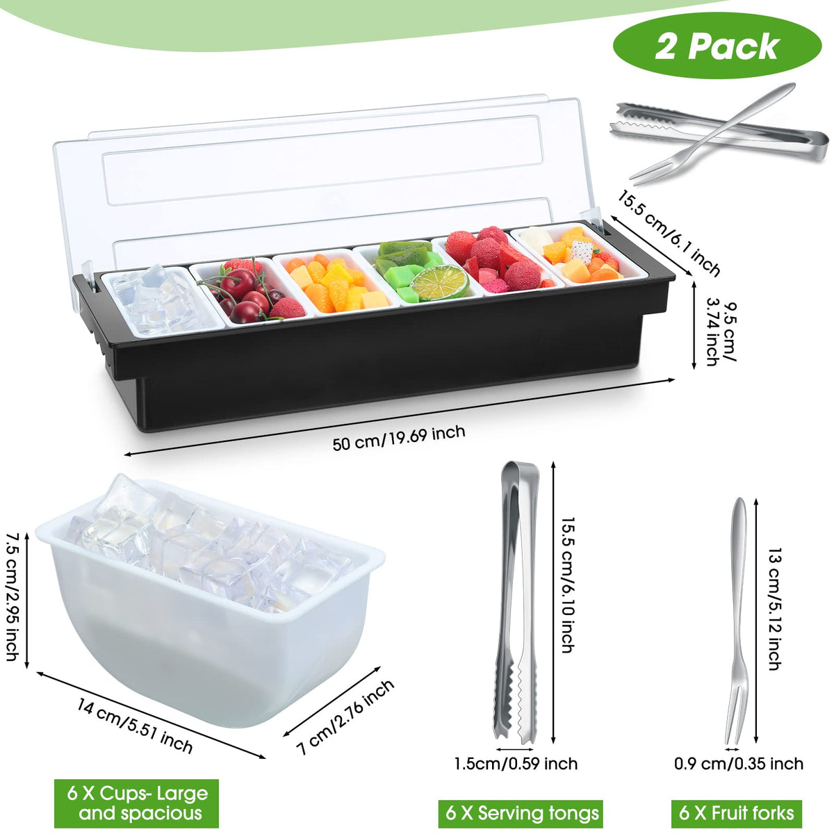 Gandeer 2 Ice Cooled Garnish Tray Deck Bar Garnish Caddy Condiment Containers with Lids and Removable Chilled Condiment Server with 6 Tongs and 6 Fruit Forks (6 Compartments)