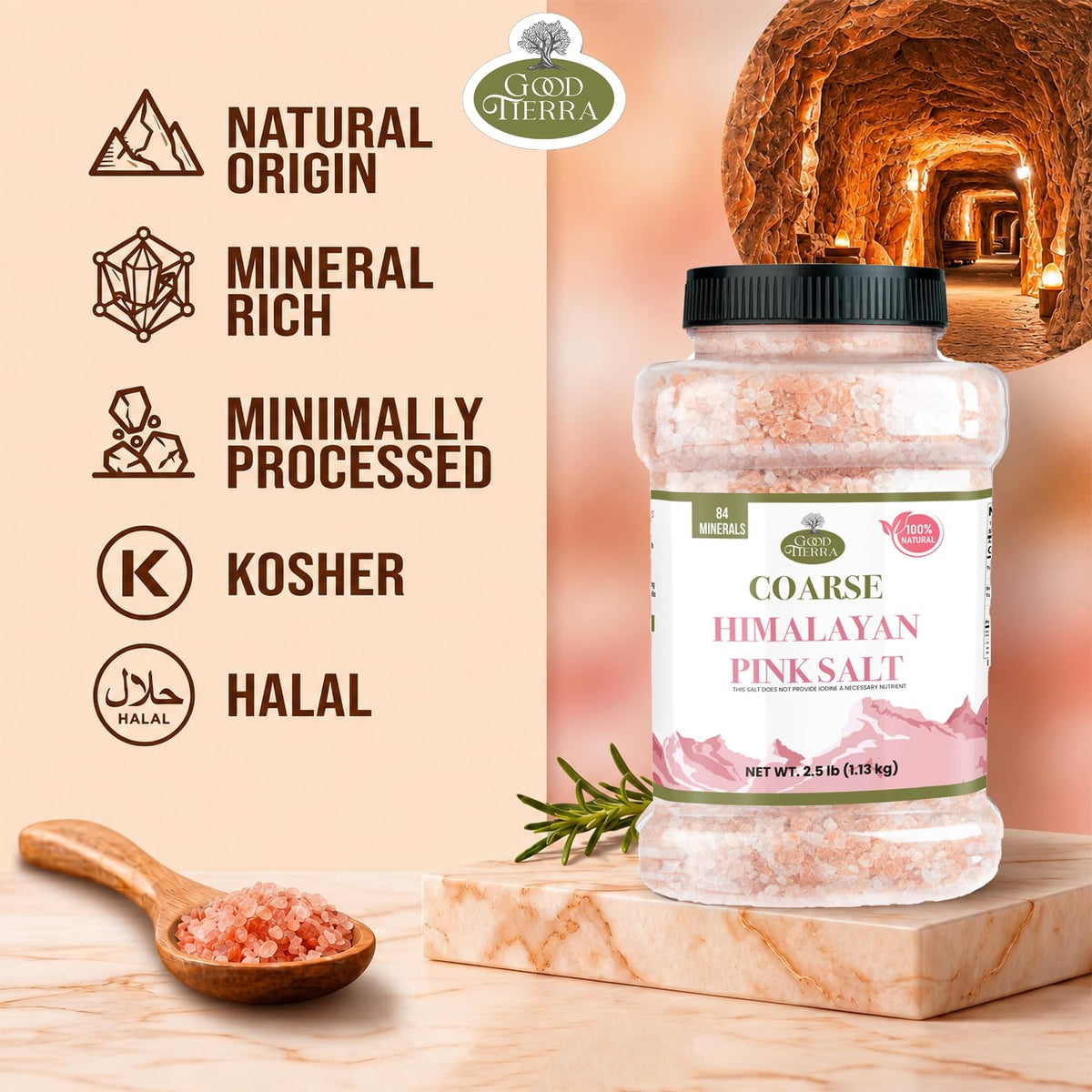 Good Tierra Himalayan Pink Salt in Jar - Coarse, 2.5 lb - Ideal for Bath Salt, Table Salt Grinders, and Spice Jars
