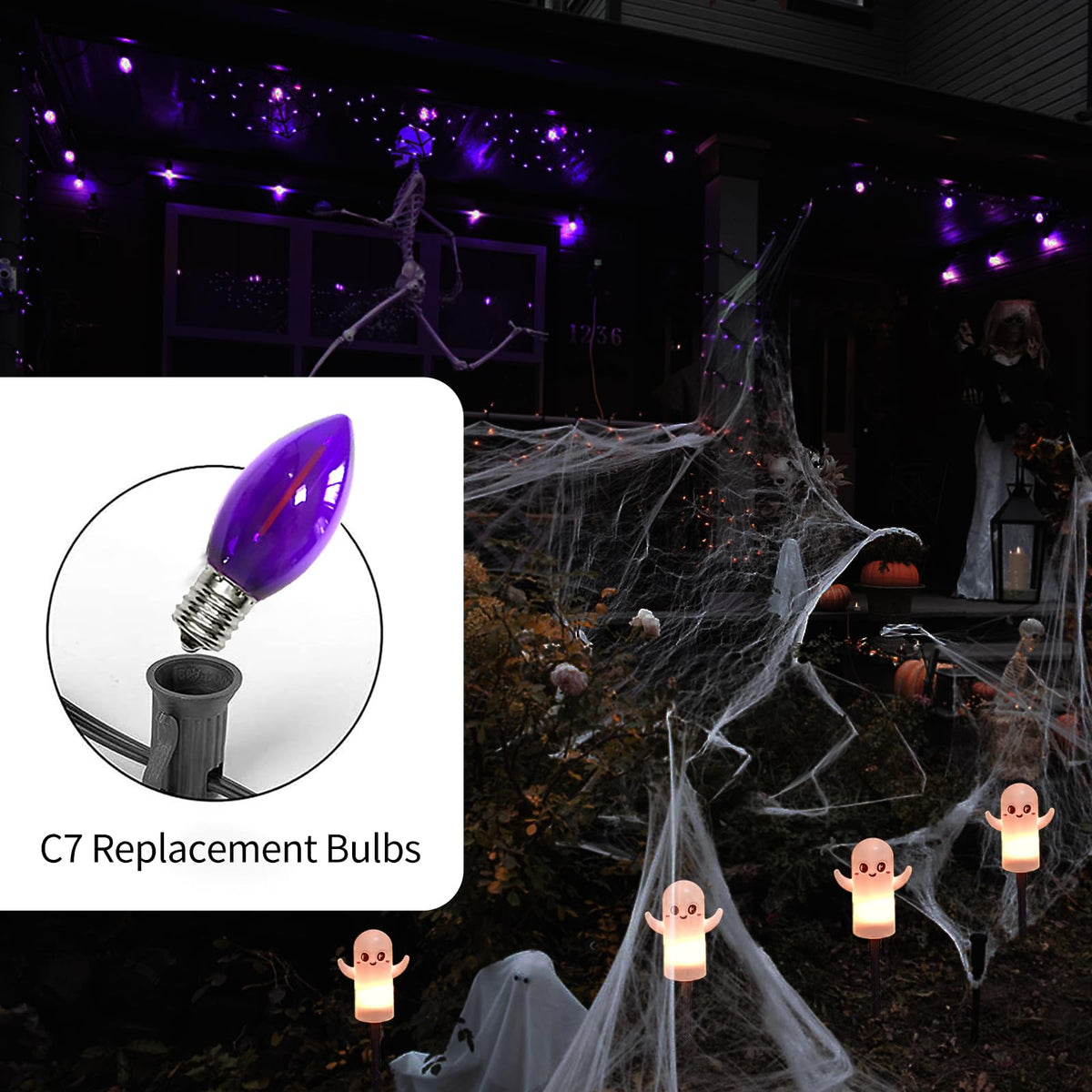 CHYParty 10 Pack C7 Replacement Bulbs, Dark Purple LED Halloween Light Bulbs for Outdoor String Lights, Patio, Christmas Decor, E12 Candelabra Base, Waterproof, Energy-Saving