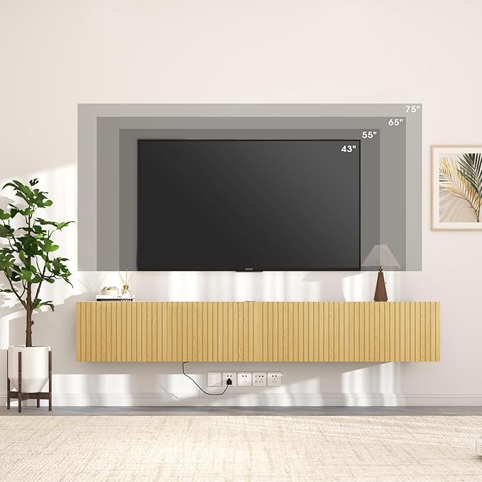 71” Floating TV Stand with LED Lights & Charging Station, Wall Mounted