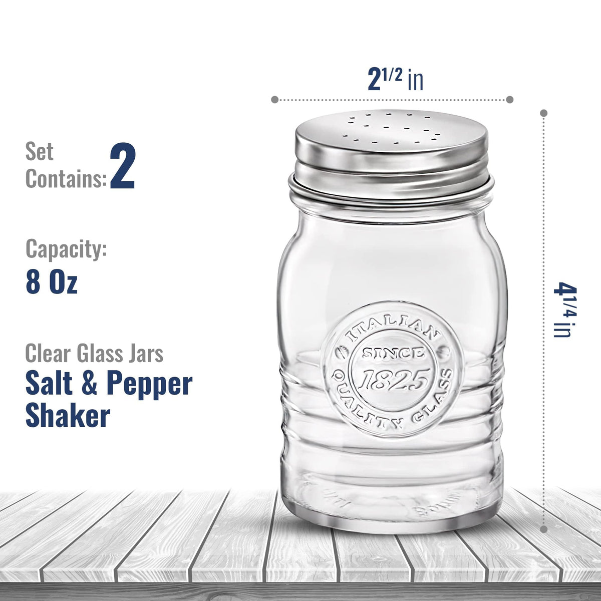 Bormioli Rocco Officina 1825 Salt & Pepper Jars Set of 2-8 Oz. Ribbed Glass Containers with Airtight Metal Lids for Seasoning, Cooking & Dining Table Use - Italian Glass Storage Design