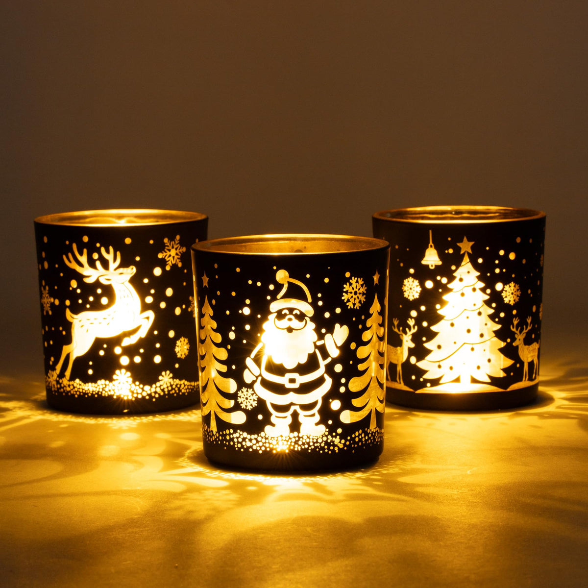 Votive Candle Holders, Black and Gold Glass Christmas Candle Holder Set of 3, Tea Light Holders with Santa Claus, Reindeer, Xmax Tree Pattern, Christmas Table Canterpieces for New Year Party Decor