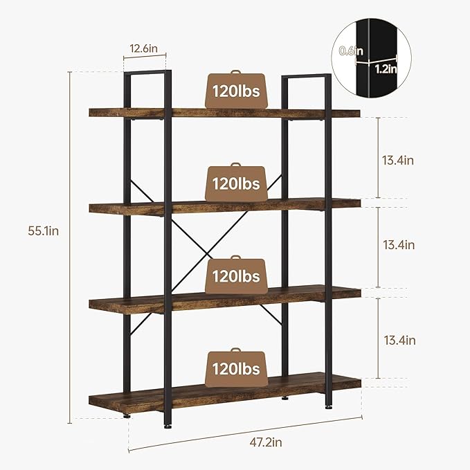 OtterOasis Bookshelf Set, Heavy Duty 4-Tier Industrial Bookcase, 120lbs Shelf