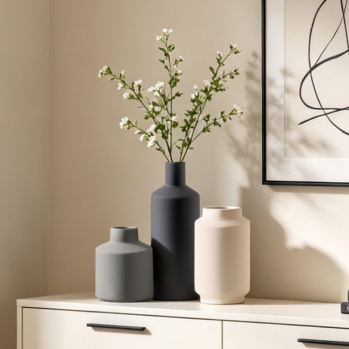 Ceramic Vase Set of 3, Modern Decorative Vases for Home Decor, Small Flower Pottery Vase Sets, Boho Farmhouse Rustic Vases for Living Room, Kitchen, Bedroom, Bathroom, Shelf, Table