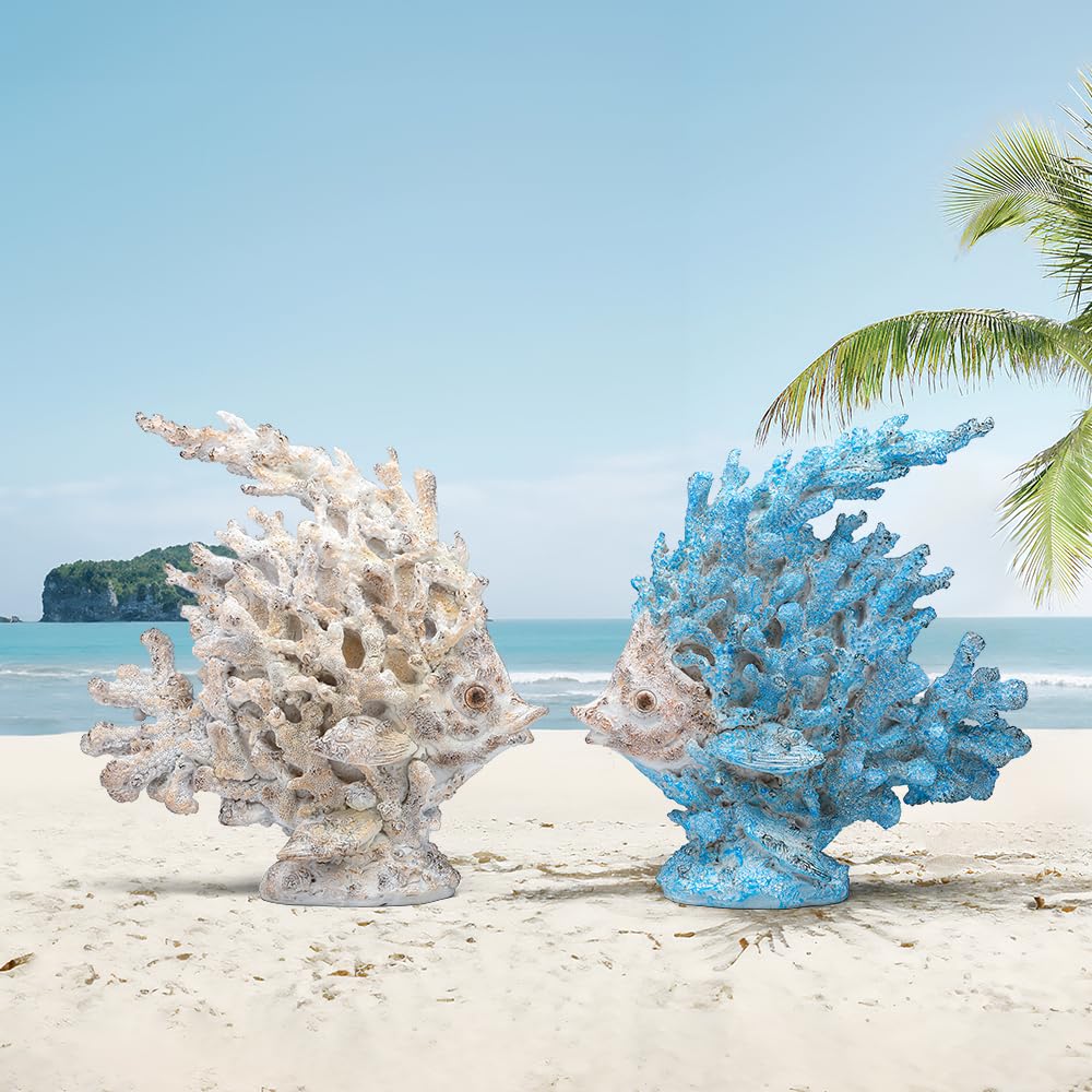SUYNYBHF Coral Fish Figurines Beach Coastal Coral Reef Decor 9.6-inch Resin Statue Angel Fish Home Office Desktop Sculpture Bathroom Decoration Mom Gift Ornament Gift(Blue) (Blue Coral Fish)