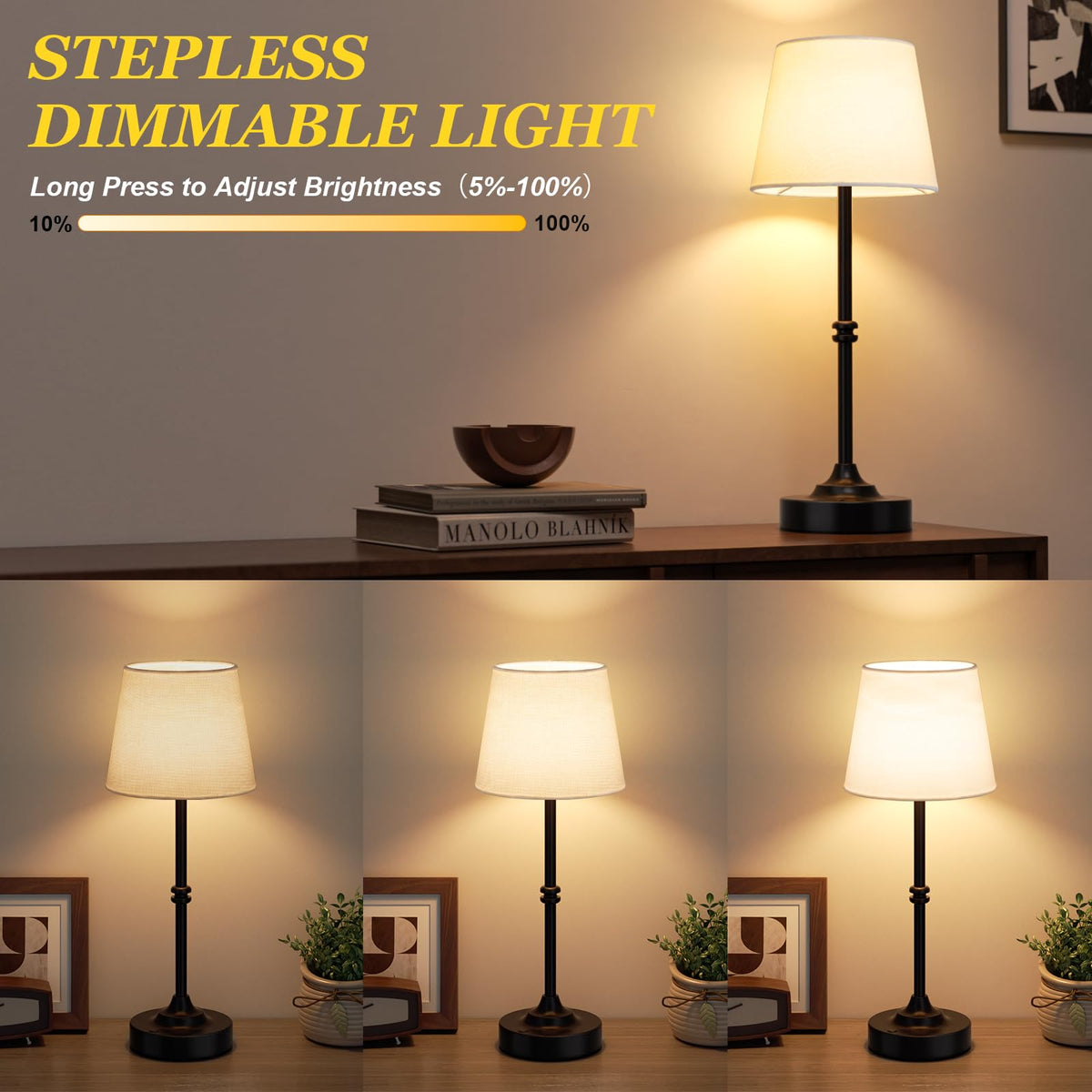 Kakanuo Rechargeable Cordless Table Lamp Black - 2 Pack 4000mAh Battery Operated Lamp, 3000K Warm Light, Touch Control Stepless Dimming, for Bedside, Dining Table, Home Decor