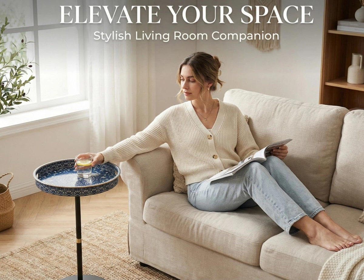 Gesodant Boho Single Leg Round Side Table with Tray Top, Pedestal Drink Table for Small Spaces, Aesthetic Accent Nightstand for Living Room, Bedroom, Corners, and Office (Blue Maze)