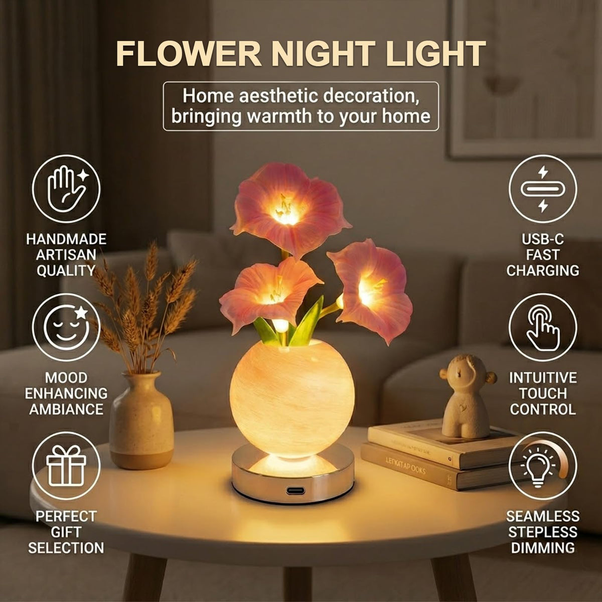 Strackvial Flower Table Lamp, Rechargeable Cordless Touch Dimming Artificial Morning Glory Flower Desk Lamp, LED Flower Bedside Night Light Romantic Gifts for Girl Women Mom (Pink Morning Glory)