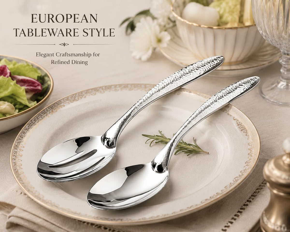 Stainless Steel Serving Spoon Set of 2, Solid Spoon & Slotted Spoon with Thick Non-Slip Ergonomic Handle, Heavy Duty Serving Utensils for Buffet, Party, Kitchen, 9.84 Inch