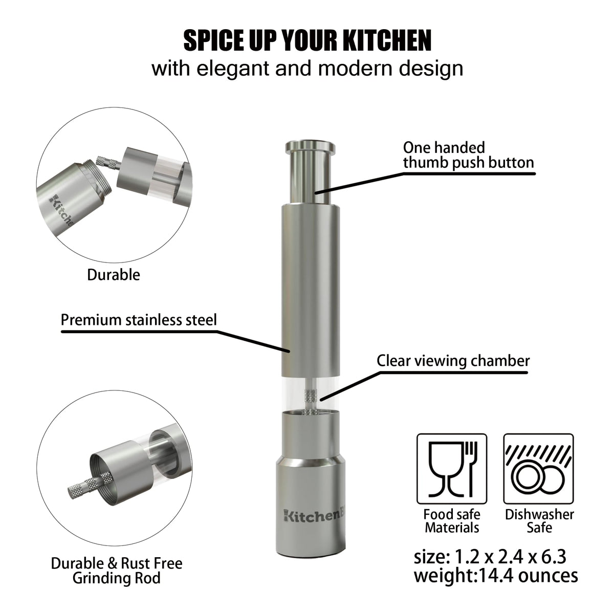 KitchenBliss Modern Thumb Click Salt and Pepper Grinder with Refillable Peppermill - Perfect for Himalayan Salts, Black Pepper, Sea Salt, Peppercorns, Spices Push Button for 1 hand operation (set)