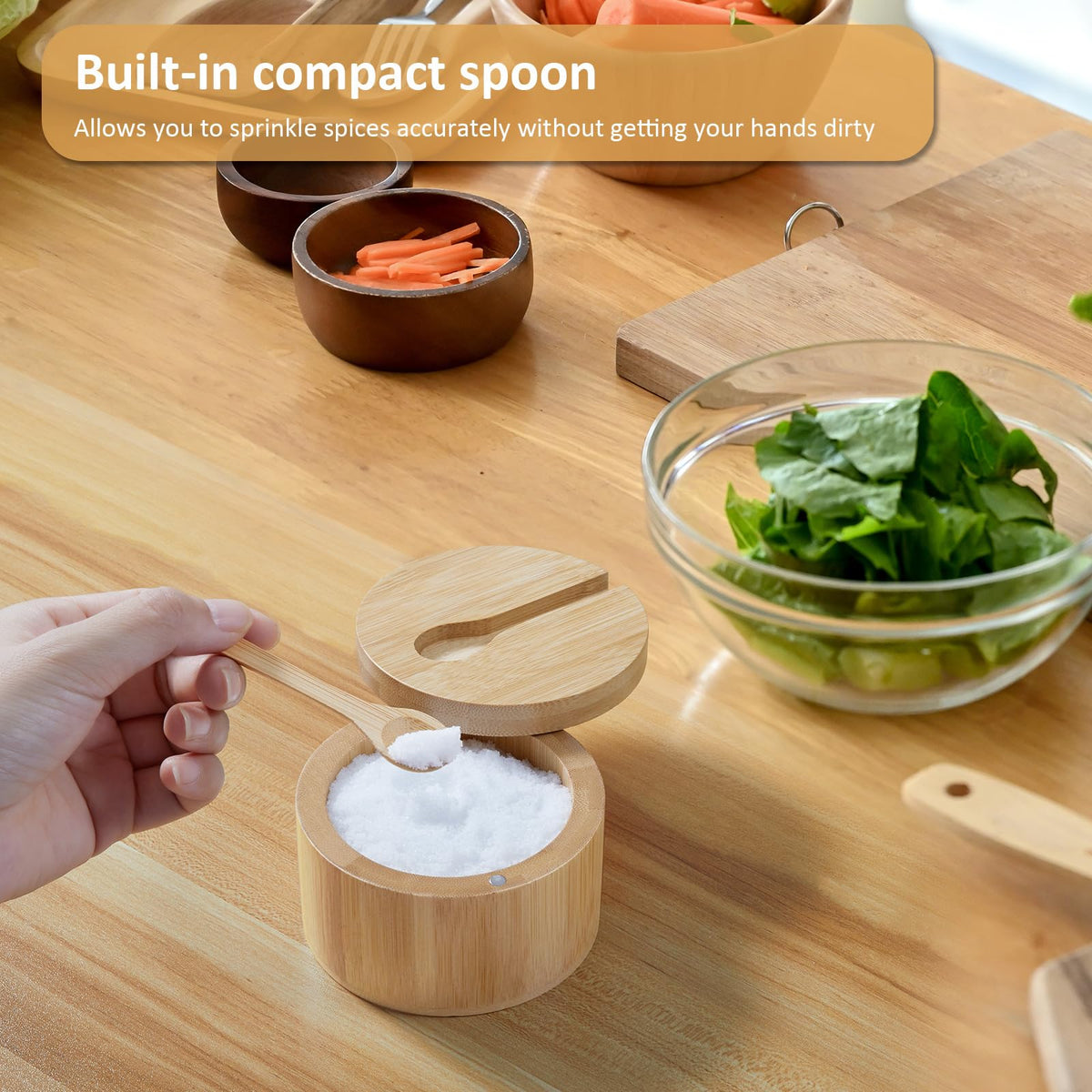 OUTNILI Salt Box Bowl with Lid and Spoon - Bamboo Salt Cellar with 360° Swivel Lid - Salt Container Holder for Sea Salt Herbs or Favorite Seasonings, 7 Ounce Capacity