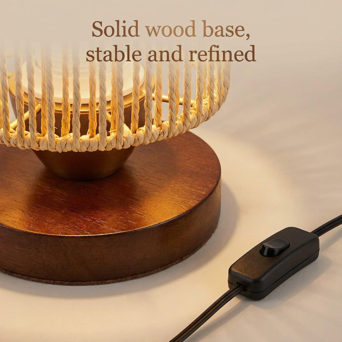 DKCONONY Small Rattan Table Lamp for Bedroom, Boho Bedside Lamp with Warm LED Bulb, Handwoven Wicker Nightstand Lamp for Nursery, Entryway & Dorm, Mini Ambient Night Light with Wood Base (8.6" Tall)