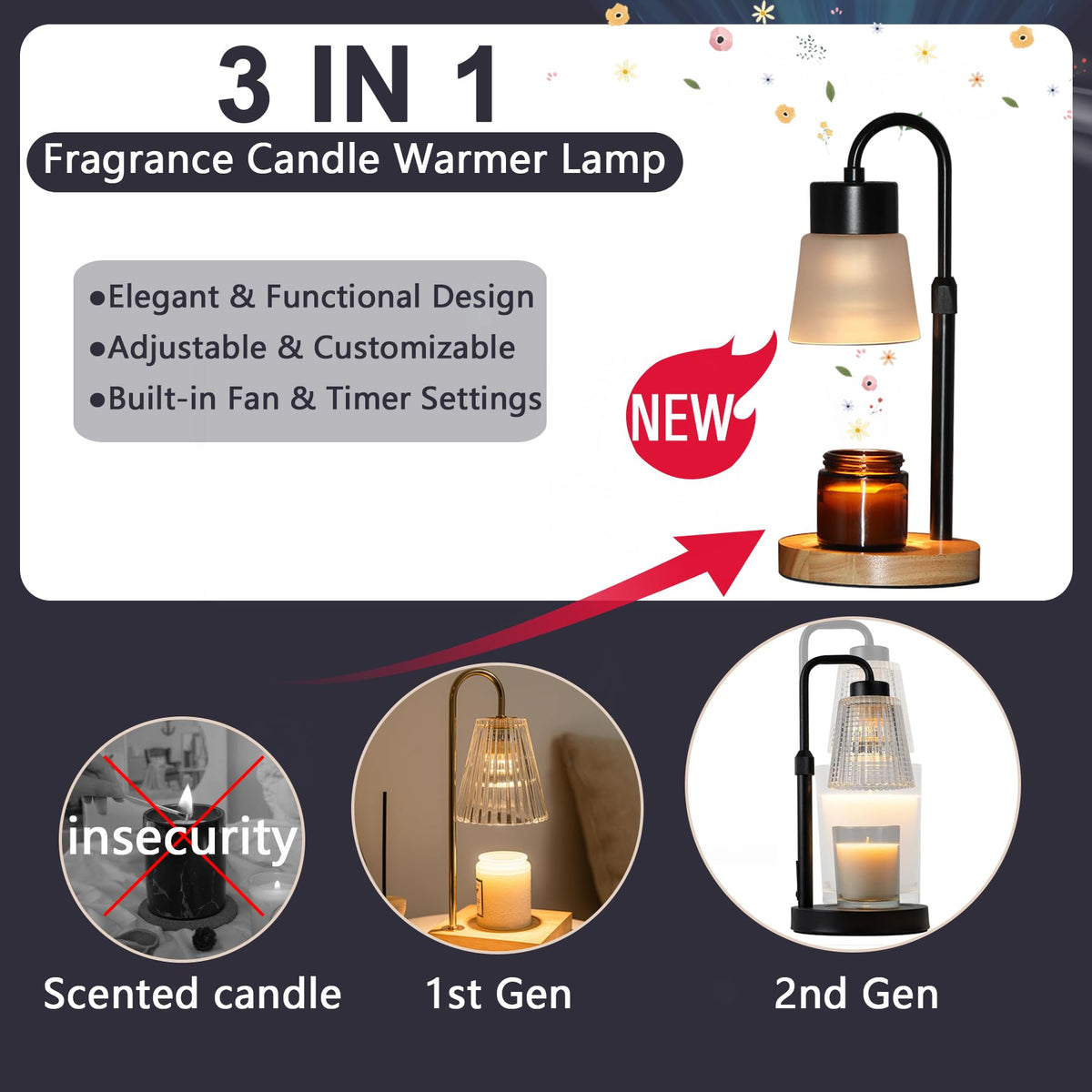 Candle Warmer Lamp Essential Oil Diffuser, Adjustable Height Dimmable Candle Warmer with Timer for Bedroom Living Room Home Decor, Christmas Birthday Gifts for Women, Black with 2 Bulbs