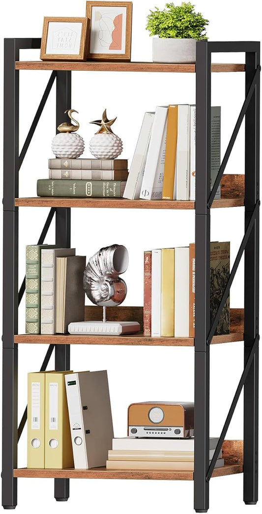 HOOBRO Bookshelf, 4-Tier Industrial Bookcase, Book Shelf Storage Organizer